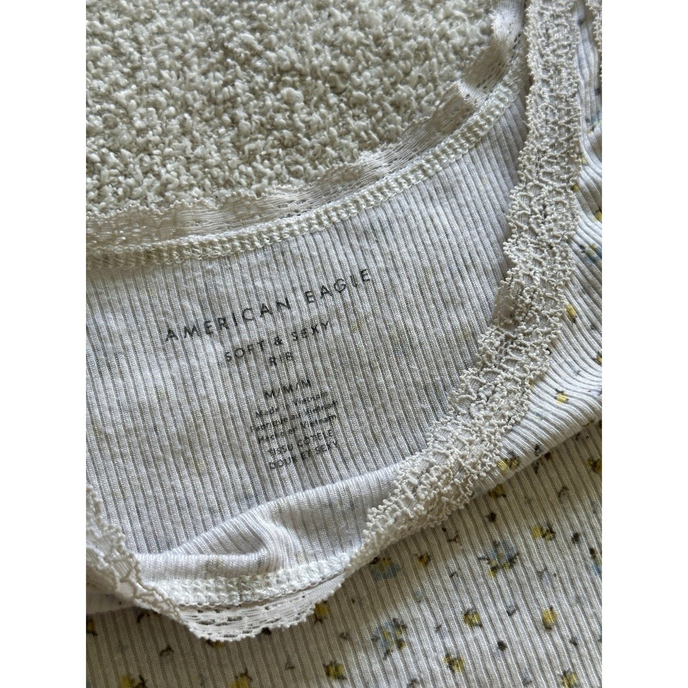 American Eagle Women's M Soft & Sexy Rib Floral Lace Trim Tank Top Cream Cami